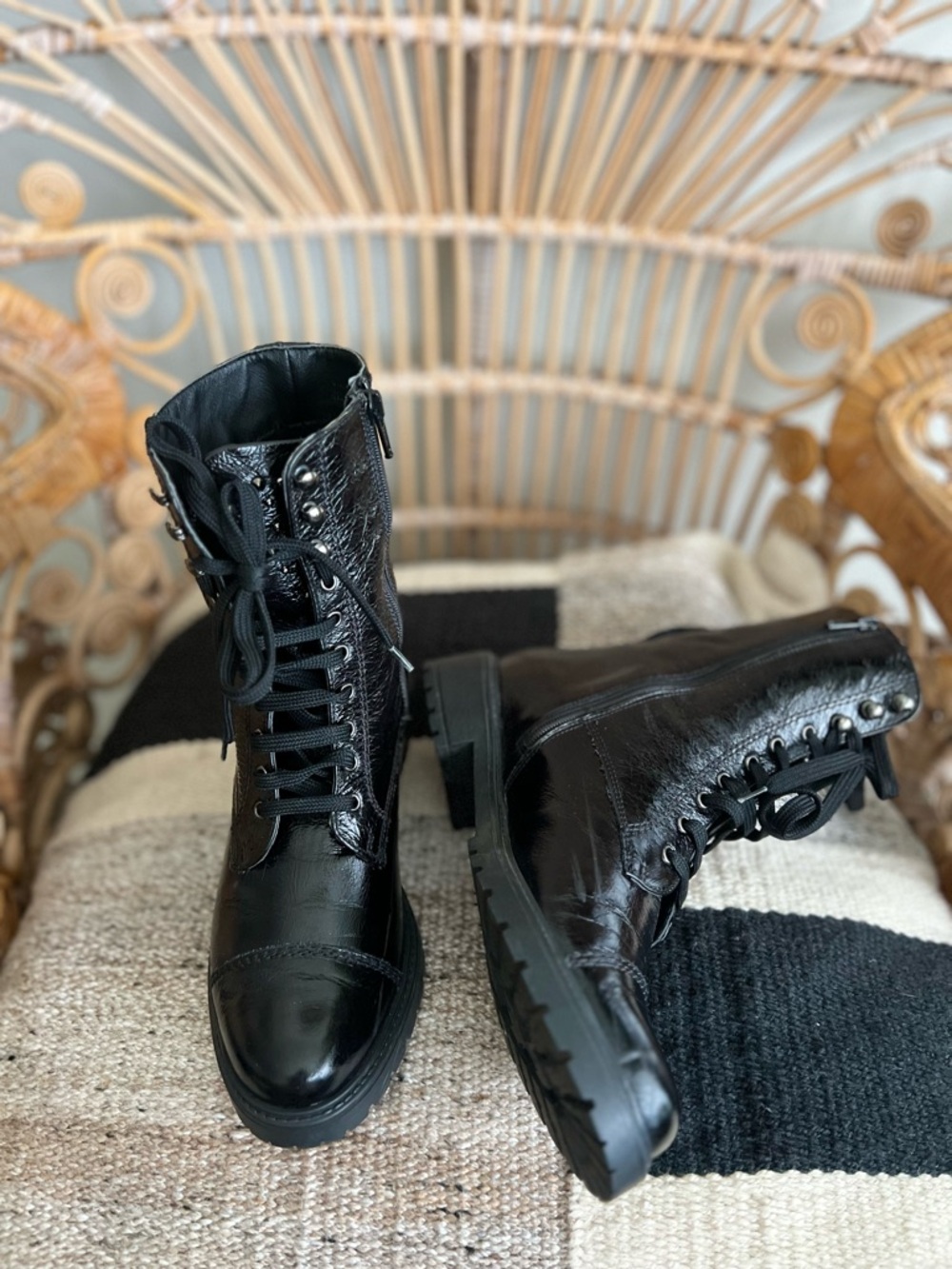 Barneys New York Patent Leather Black Zipper and Lace-Up Combat Boots